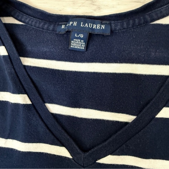 Ralph Lauren Navy and White Cotton Striped V Neck T-Shirt - Picture 5 of 16